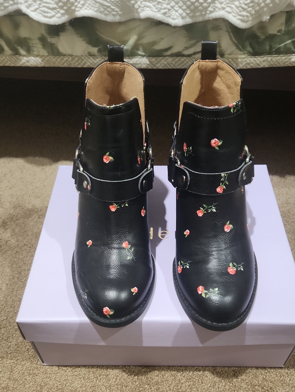 Madden Girl Black Ankle Booties with Pink Rose Print